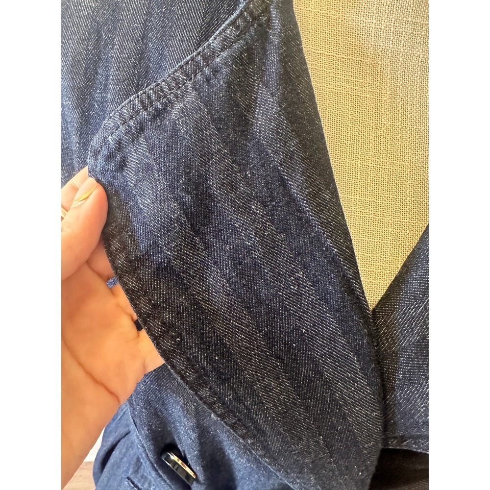 Chicos Dark Wash Denim Trench Coat Double Breasted Herringbone Long Jacket Sz 1 - Picture 10 of 13
